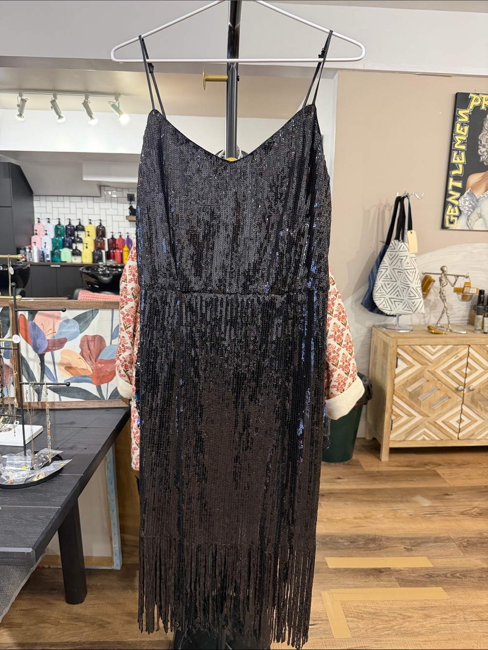 Laundry By Shelli Segal Black Sequin Fringe Strapless Midi Dress